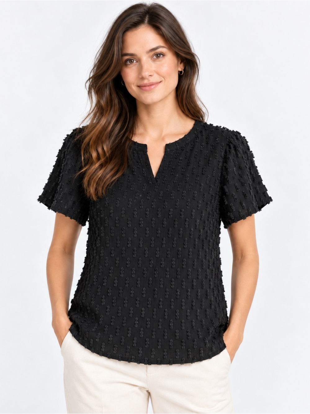 Black Textured Short-Sleeve Split-Neck Women's Top
